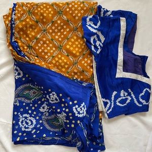 Mustard yellow and royal blue bhandani saree